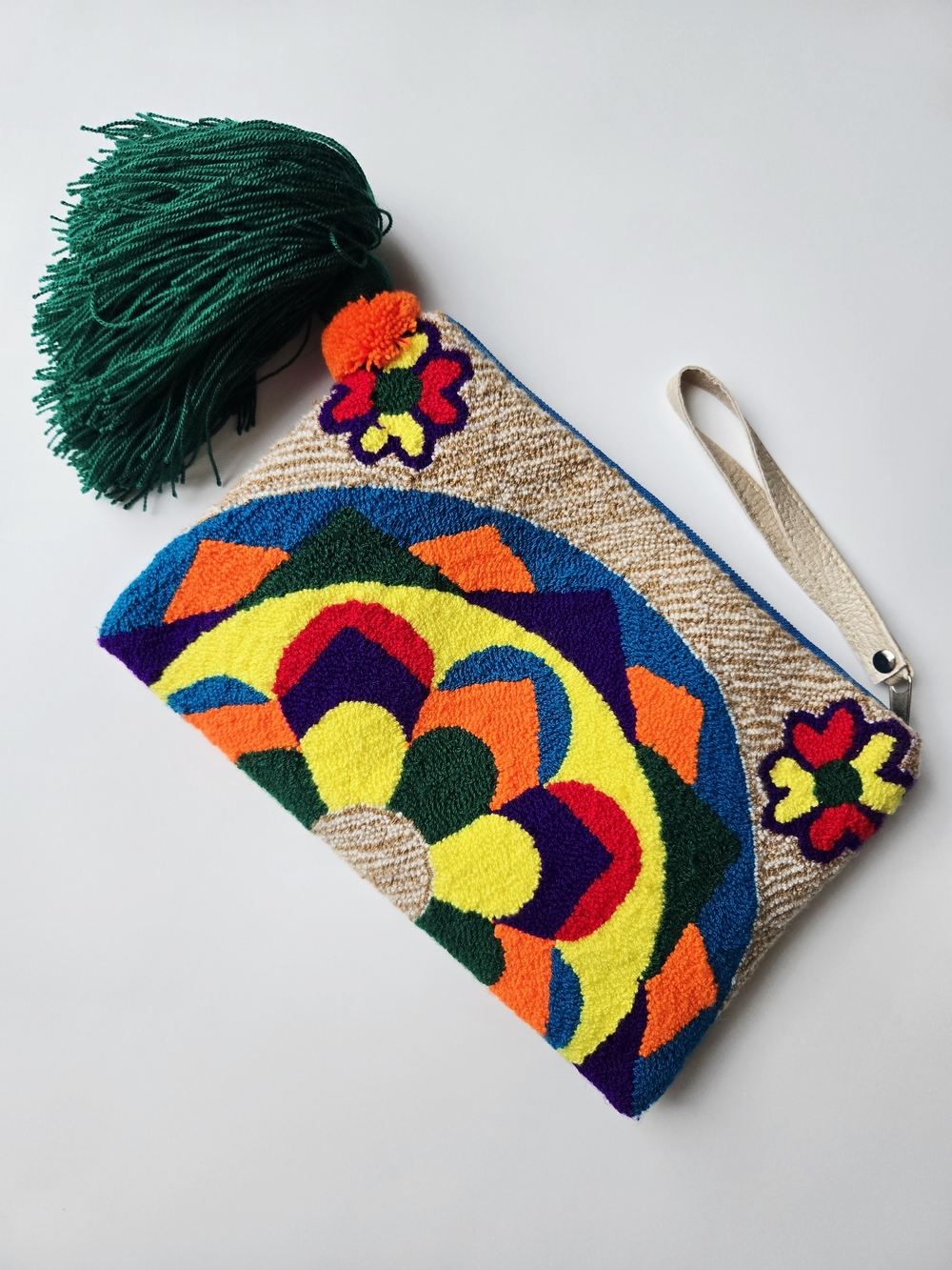 Wayuu Artisan Handwoven Punch Needle Clutch Bag W/ Tassel Pom Pom